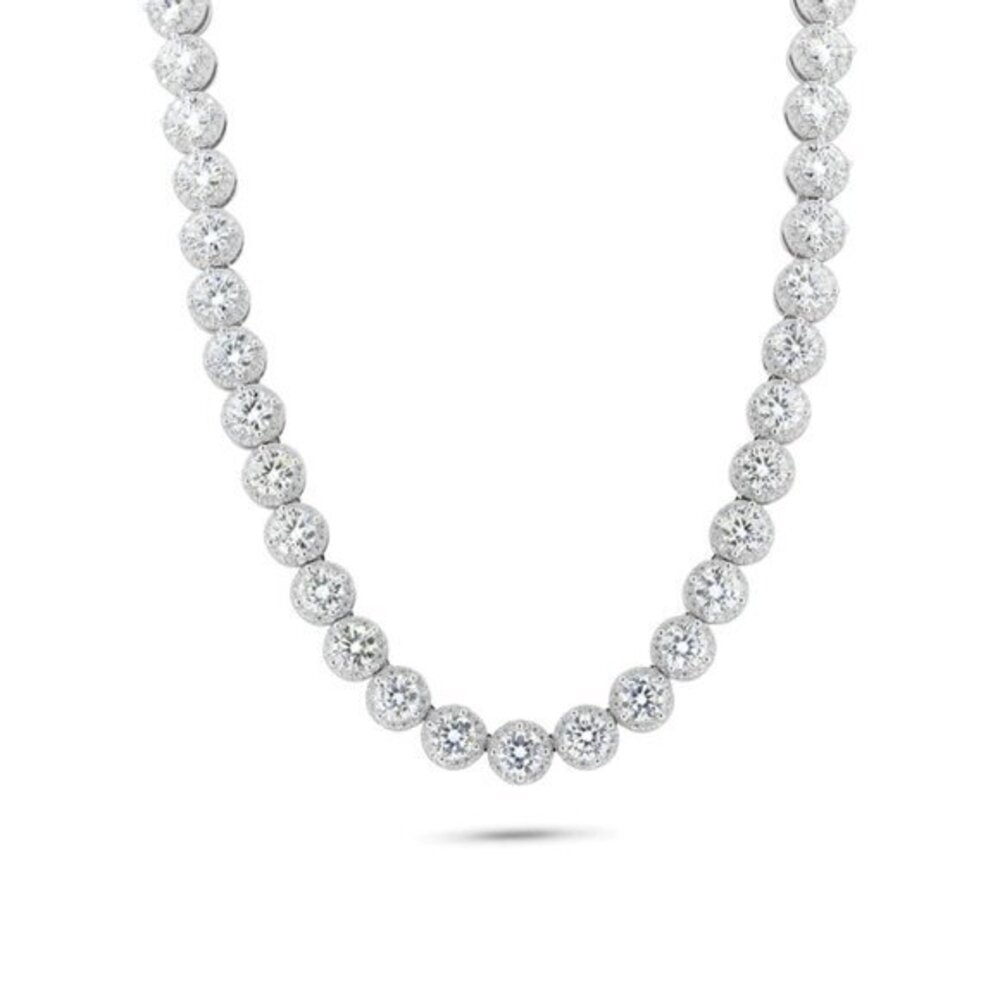 Silver 925 Rhodium Plated Moissanite Stone Halo Tennis Necklace 20 inches